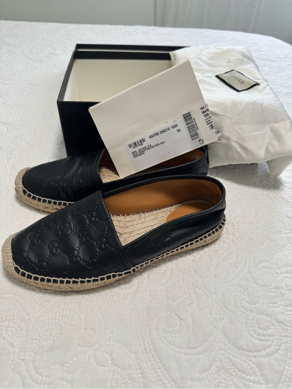 Gucci Black Leather Embossed Espadrille Flats